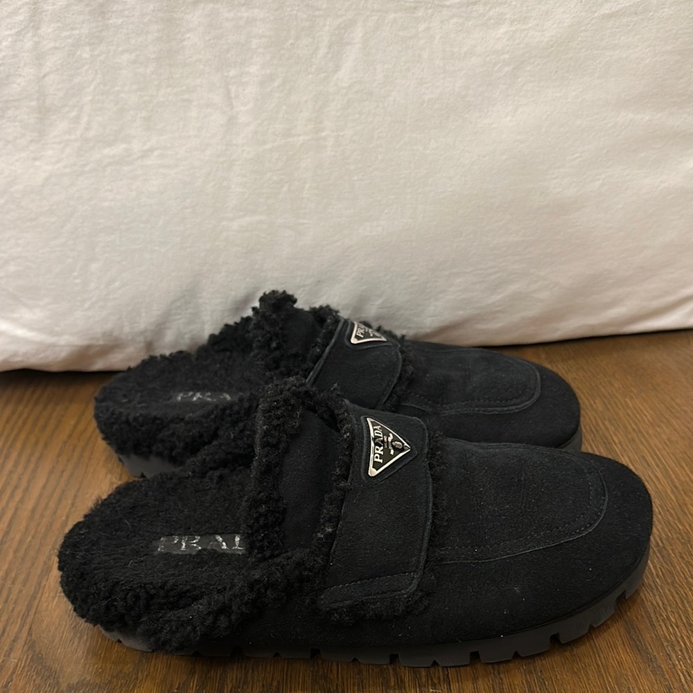 Prada Black Shearling Slippers